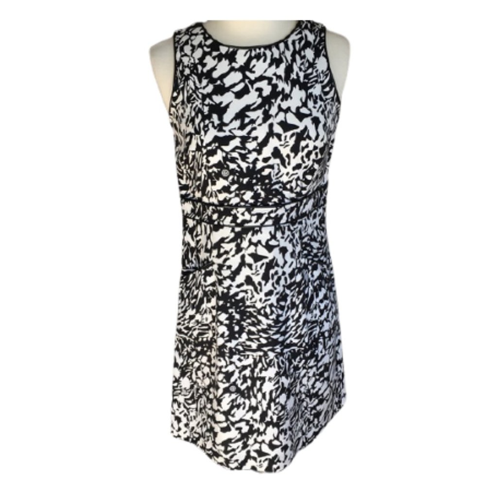 TORY BURCH Dress Abstract Print Logo Black White 4